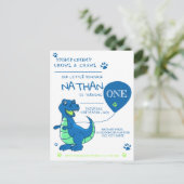 Invitation Carte Postale Bleu Vert Dinosaure Thématique Anniversaire (Debout devant)