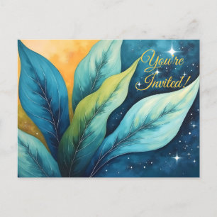 Invitation Carte Postale Bleu Vert Feuille Soleil et étoiles