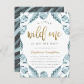 Invitation Carte Postale Blue Boho Feathers Gold Wild One Boy Baby shower (Devant / Derrière)