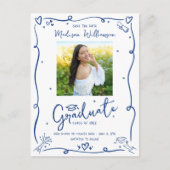 Invitation Carte Postale Blue Doodles Graduation Save the Date Photo White (Devant)
