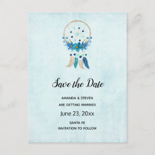 Invitation Carte Postale Blue Dreamcatcher Boho élégant Enregistrer la date