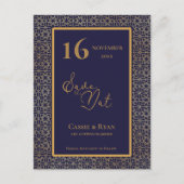 Invitation Carte Postale Blue Gold Intricate Design Wedding Enregistrer la  (Devant)