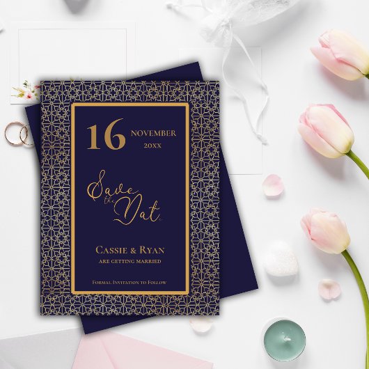 Invitation Carte Postale Blue Gold Intricate Design Wedding Enregistrer la 