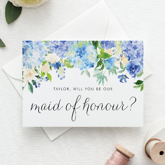 Invitation Carte Postale Blue Hydrangea et le Rose ivoire Maid of Honor