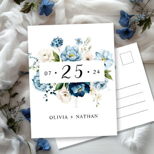 Invitation Carte Postale Blue Navy Elegant Cute Floral Ivory Enregistrer La