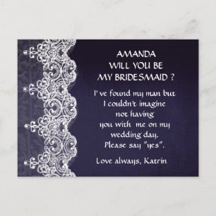 Invitation Carte Postale Blue Navy White Lace Serez-Vous Ma Bridesmaid