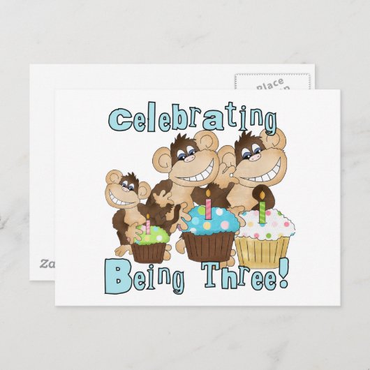 Invitation Carte Postale Blue Party Monkeys 3e anniversaire T-shirts et cad (Devant / Derrière)