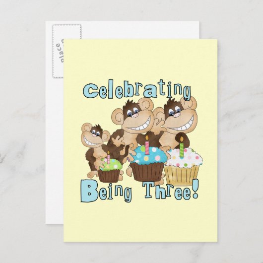 Invitation Carte Postale Blue Party Monkeys 3e anniversaire T-shirts et cad (Devant / Derrière)
