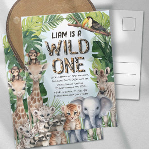 Invitation Carte Postale Blue Safari animaux thème Wild un 1er anniversaire