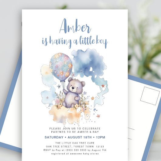 Invitation Carte Postale Blue Teddy Bear Balloon mignonne Baby shower garço