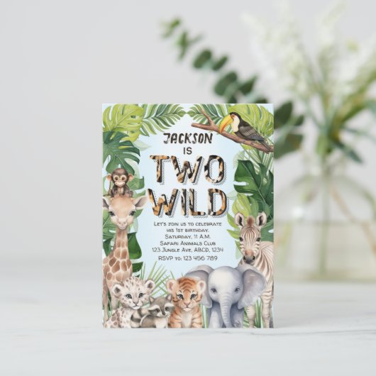 Invitation Carte Postale Blue Two Wild Safari Baby Boy 2e anniversaire (Debout devant)