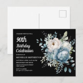 Invitation Carte Postale Blue White Floral Black Femmes 90e anniversaire (Devant / Derrière)