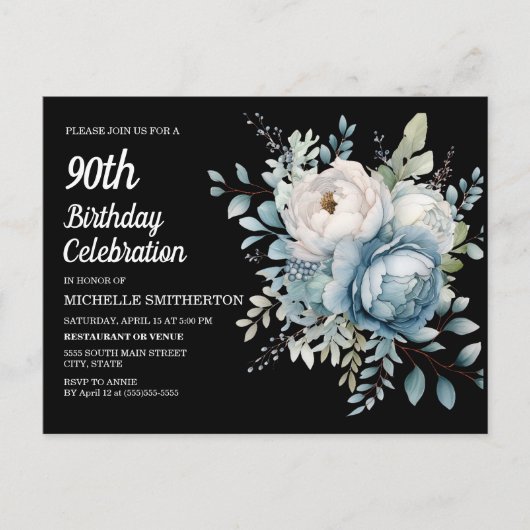 Invitation Carte Postale Blue White Floral Black Femmes 90e anniversaire (Devant)