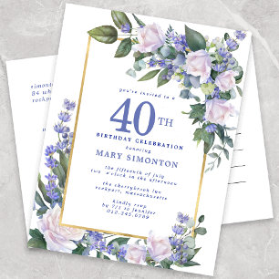 Invitation Carte Postale Blue White Gold Floral 40e fête d'anniversaire