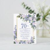 Invitation Carte Postale Blue White Gold Floral 70e fête d'anniversaire (Debout devant)
