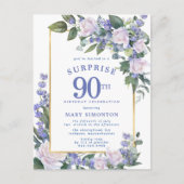 Invitation Carte Postale Blue White Gold Floral 90e Anniversaire surprise (Devant)