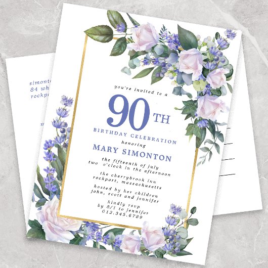Invitation Carte Postale Blue White Gold Floral 90e fête d'anniversaire