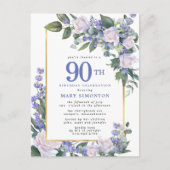 Invitation Carte Postale Blue White Gold Floral 90e fête d'anniversaire (Devant)