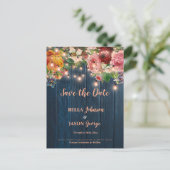 Invitation Carte Postale Blue Wood Floral String Lights Save The Date (Debout devant)