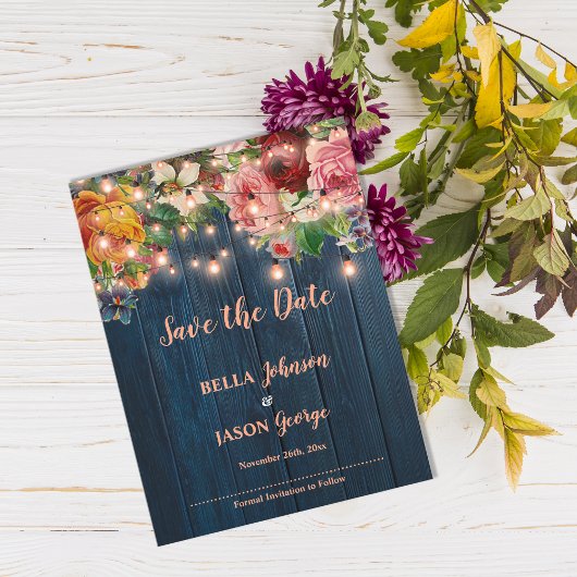 Invitation Carte Postale Blue Wood Floral String Lights Save The Date