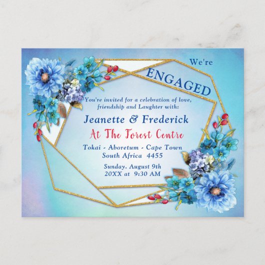 Invitation Carte Postale Blues de Cornflower en Fiançailles d'aquarelle (Devant)