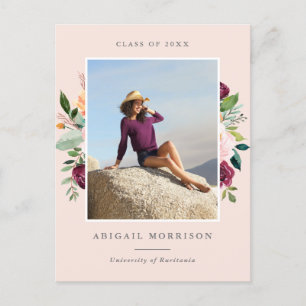 Invitation Carte Postale Blush Bourgogne Floral Photo Graduation Party