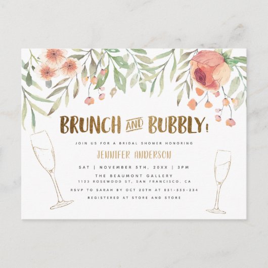 Invitation Carte Postale Blush Floral & Gold Brunch & Fête des mariées Bubb (Devant)