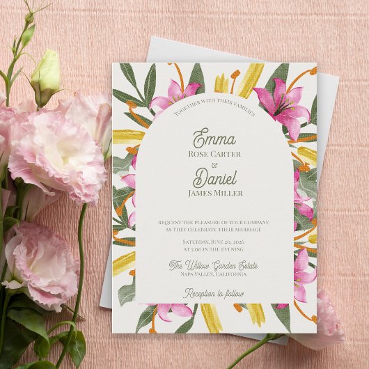 Invitation Carte Postale Blush Lily Arched Botanical Floral Wedding