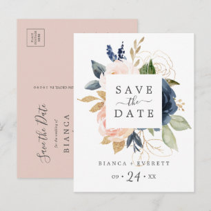 Invitation Carte Postale Blush & Navy Flowers Blanc Enregistrer la date Car