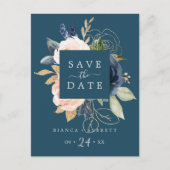 Invitation Carte Postale Blush & Navy Flowers Blue Enregistrer la date Cart (Devant)