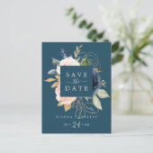 Invitation Carte Postale Blush & Navy Flowers Blue Enregistrer la date Cart (Debout devant)