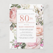 Invitation Carte Postale Blush Pink Floral 80e fête d'anniversaire (Devant)