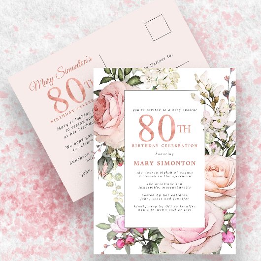 Invitation Carte Postale Blush Pink Floral 80e fête d'anniversaire