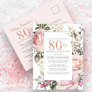 Invitation Carte Postale Blush Pink Floral 80e fête d'anniversaire