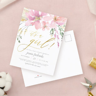 Invitation Carte Postale Blush Pink & Gold C'est une fille Baby shower flor