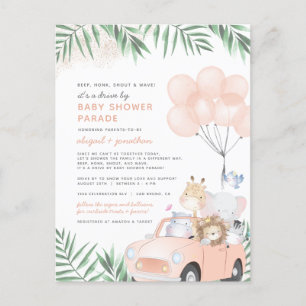 Invitation Carte Postale Blush Pink & Gold Cute Safari Drive Par Baby showe