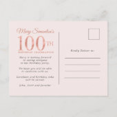 Invitation Carte Postale Blush Pink Gold Floral 100e fête d'anniversaire (Dos)