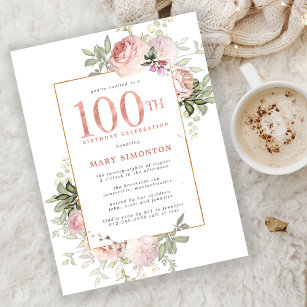 Invitation Carte Postale Blush Pink Gold Floral 100e fête d'anniversaire