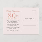 Invitation Carte Postale Blush Pink Gold Floral 80e fête d'anniversaire (Dos)