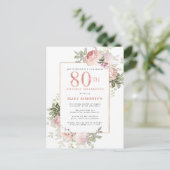 Invitation Carte Postale Blush Pink Gold Floral 80e fête d'anniversaire (Debout devant)