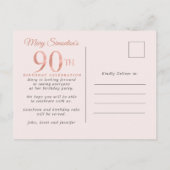 Invitation Carte Postale Blush Pink Gold Floral 90e fête d'anniversaire (Dos)
