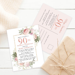 Invitation Carte Postale Blush Pink Gold Floral 90e fête d'anniversaire