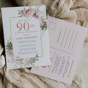 Invitation Carte Postale Blush Pink Gold Floral 90e fête d'anniversaire
