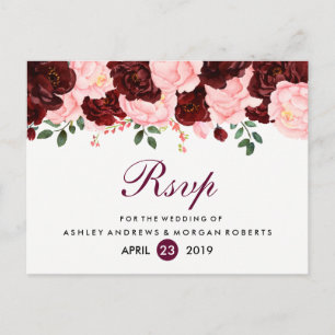 Invitation Carte Postale Blush rose Bourgogne Fleurs mariage RSVP