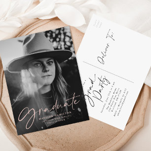 Invitation Carte Postale Blush Stylish Script Photo Graduation Party