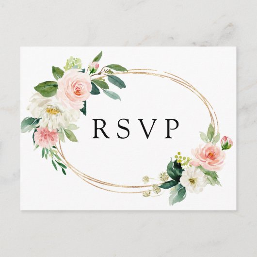 Invitation Carte Postale Blush White Bloom Gold Frame Floral Wedding RSVP (Devant)