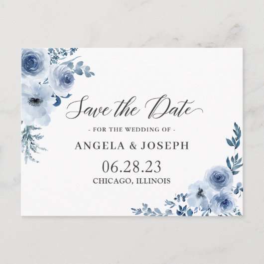 Invitation Carte Postale Bohème Dusty Blue Floral Wedding Enregistrer la da (Devant)