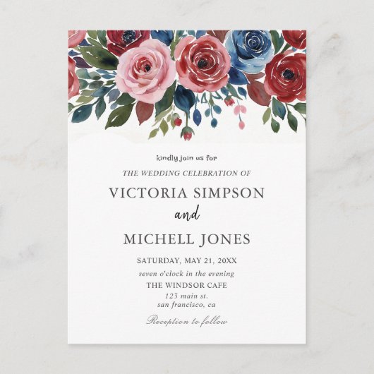 Invitation Carte Postale Boho Chic Floral Garden Rose Mariage (Devant)