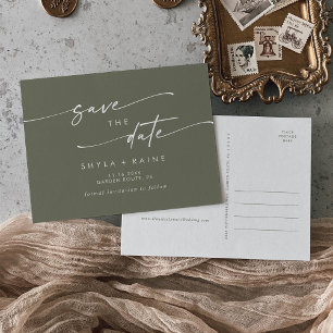 Invitation Carte Postale Boho Chic Olive Green Wedding Enregistrer la date