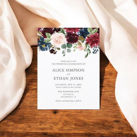 Invitation Carte Postale Boho Garden Burgundy Blue Floral Mariage